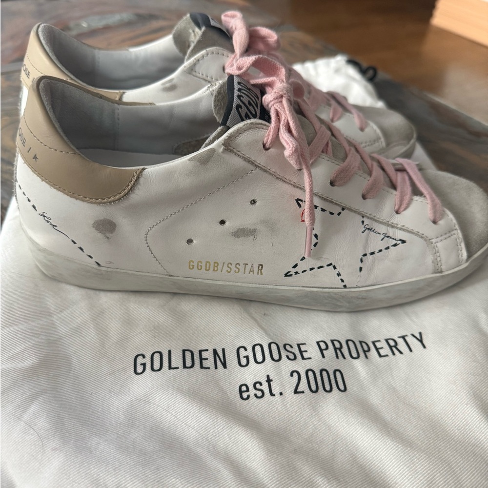 Golden Goose Superstar Rare Scribble Sneakers Arctic White with Pink Laces 38/8 - Picture 5 of 9